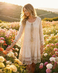 TDBEF Boho Short Dress Eyelet Fringes — Beige