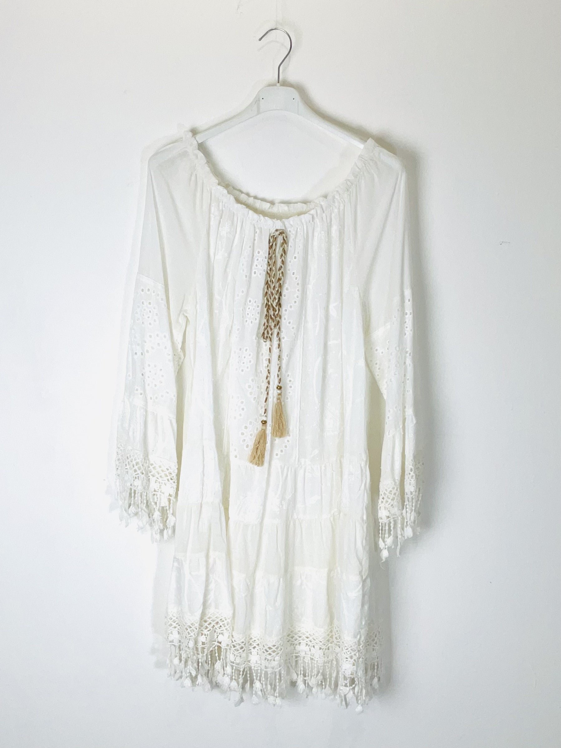 TDBEF Boho Short Dress Eyelet Fringes — White
