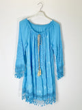 TDBEF Boho Short Dress Eyelet Fringes — Sky Blue