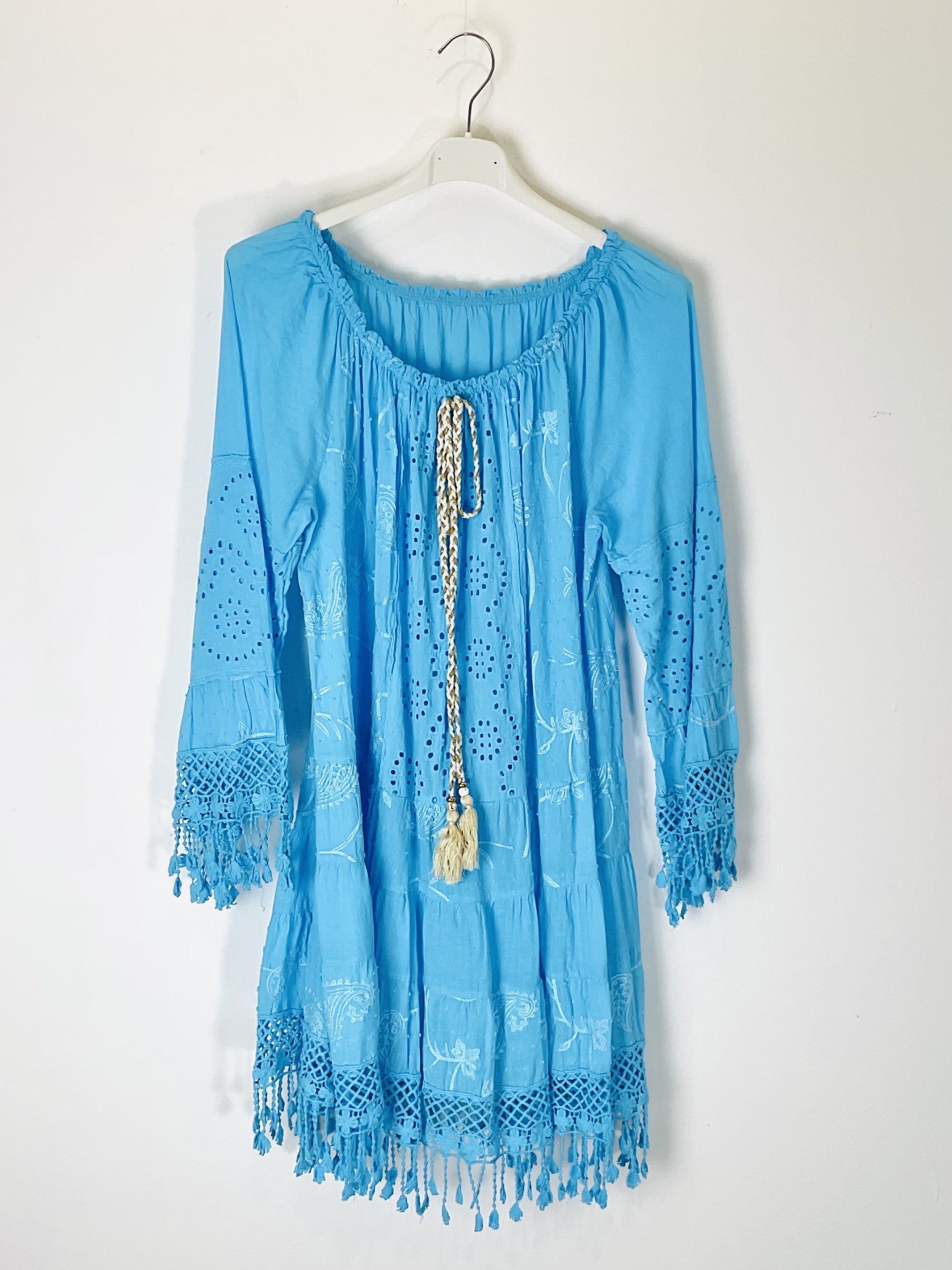 TDBEF Boho Short Dress Eyelet Fringes — Sky Blue