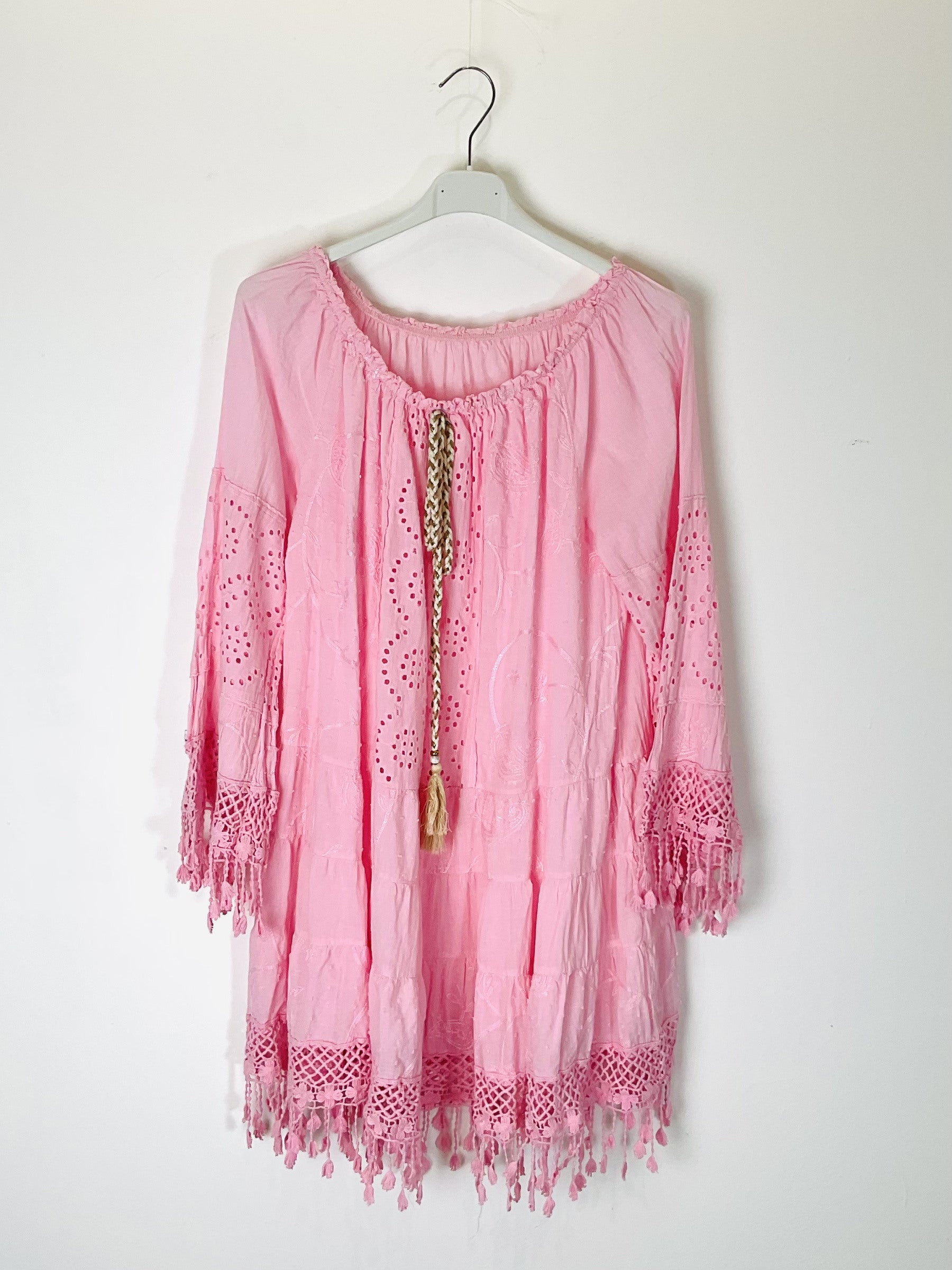 TDBEF Boho Short Dress Eyelet Fringes — Rose Shadow