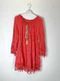 TDBEF Boho Short Dress Eyelet Fringes — Coral