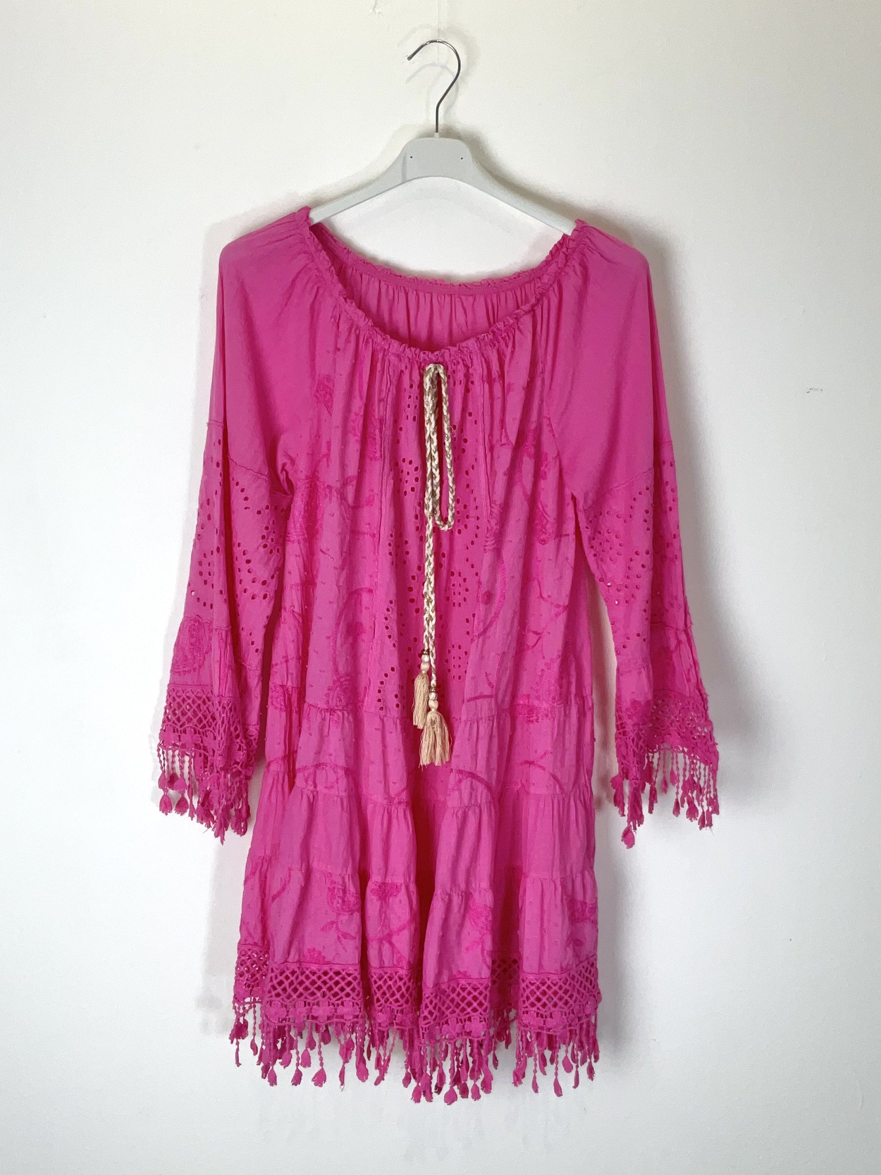 TDBEF Boho Short Dress Eyelet Fringes — Fuchsia
