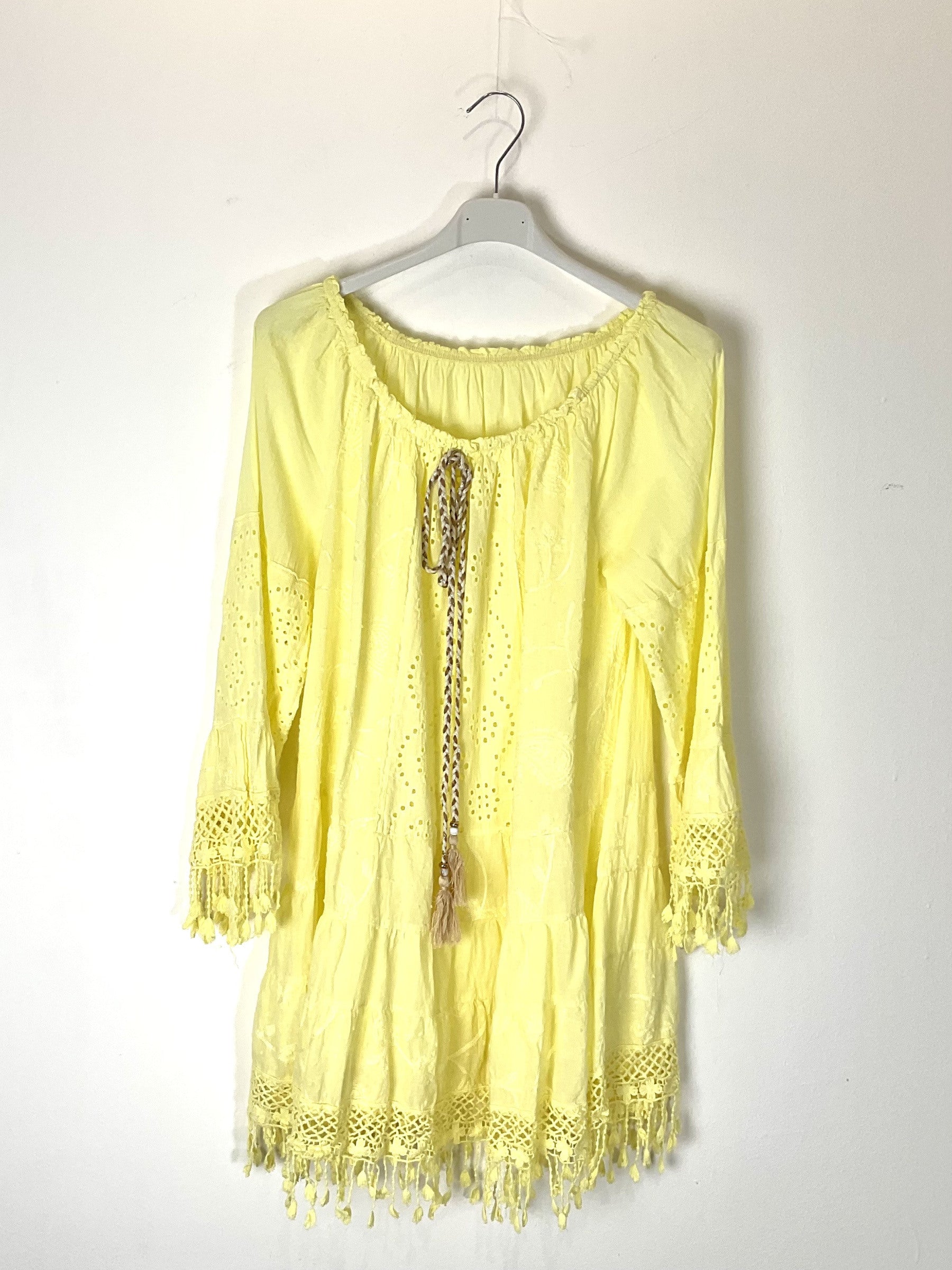 TDBEF Boho Short Dress Eyelet Fringes — Light Yellow