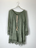 TDBEF Boho Short Dress Eyelet Fringes — Olive
