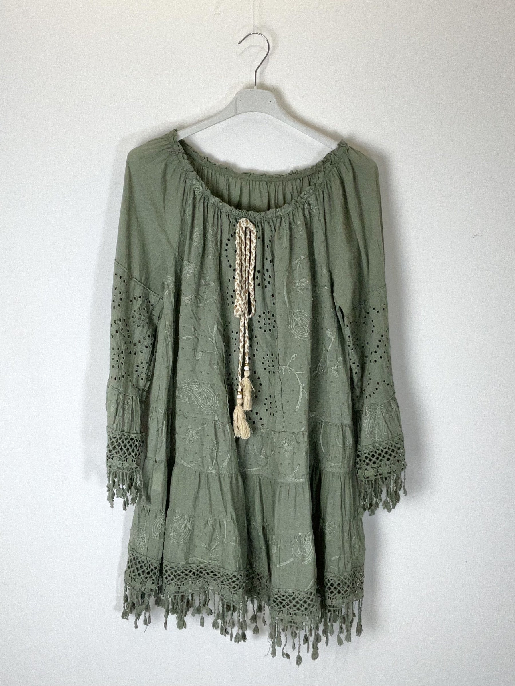 TDBEF Boho Short Dress Eyelet Fringes — Olive