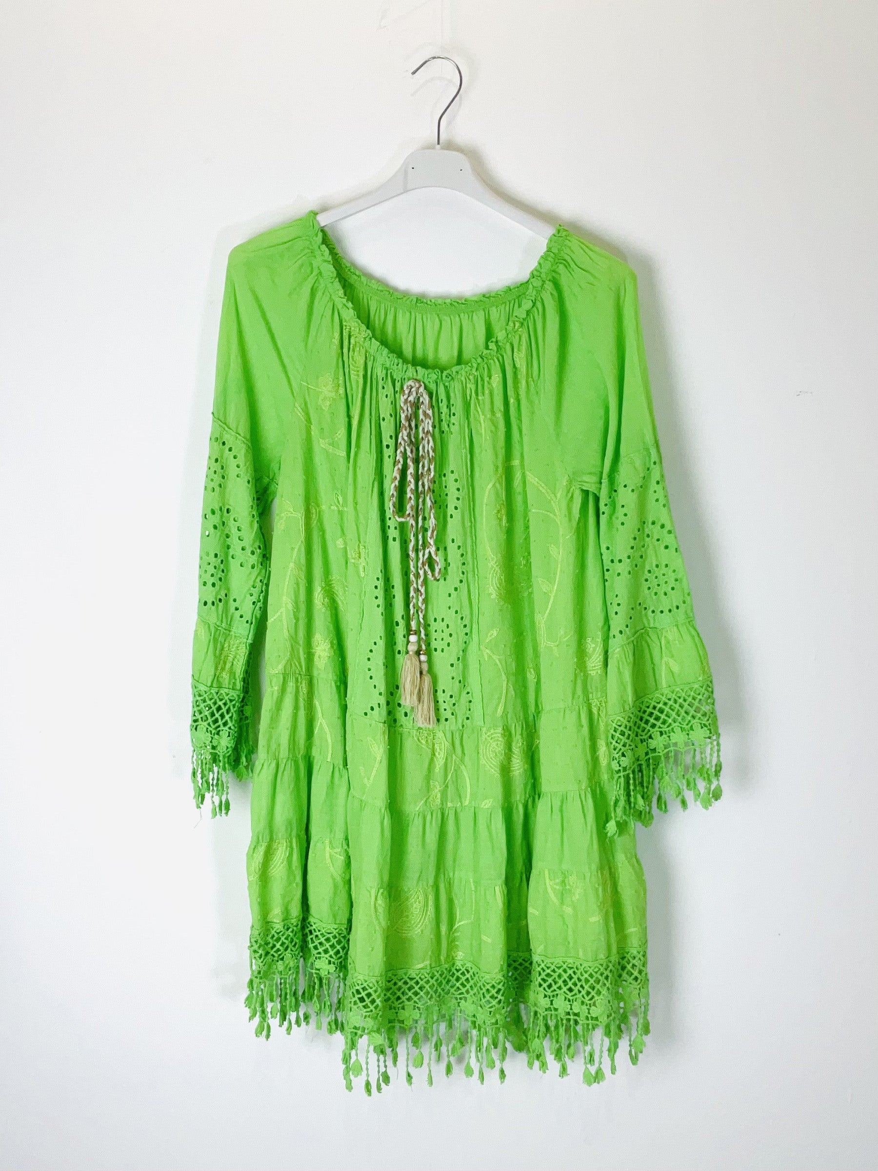 TDBEF Boho Short Dress Eyelet Fringes — Lime Green