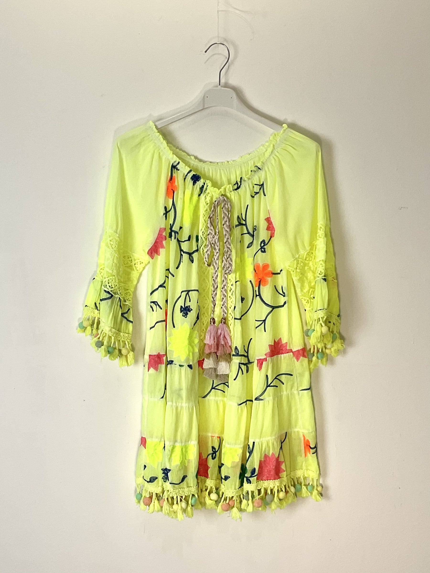 TDWBE Boho Short Dress Colorful Embroidery — Yellow