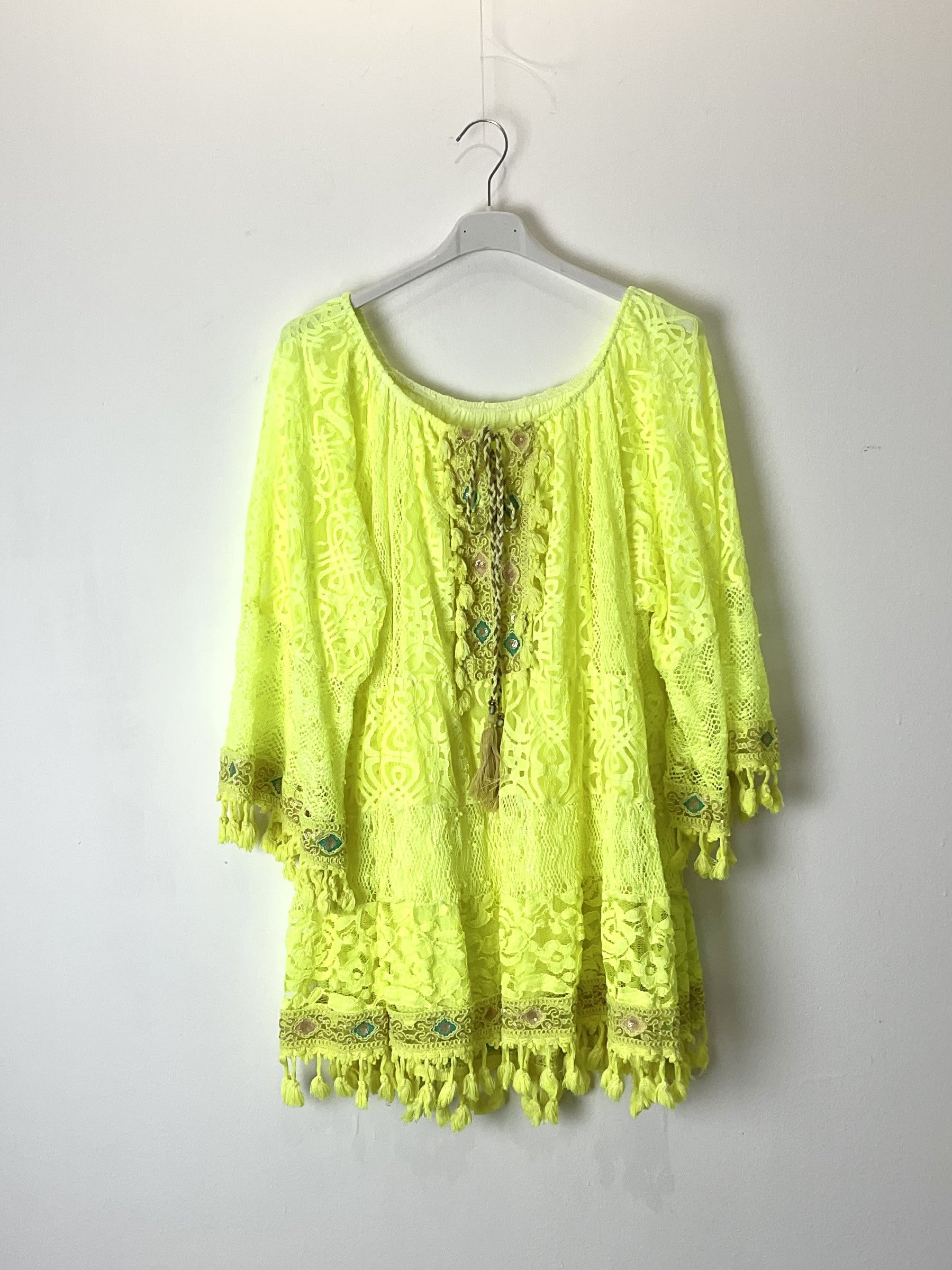 TDBFD Boho Short Dress Lace Tassels — Yellow
