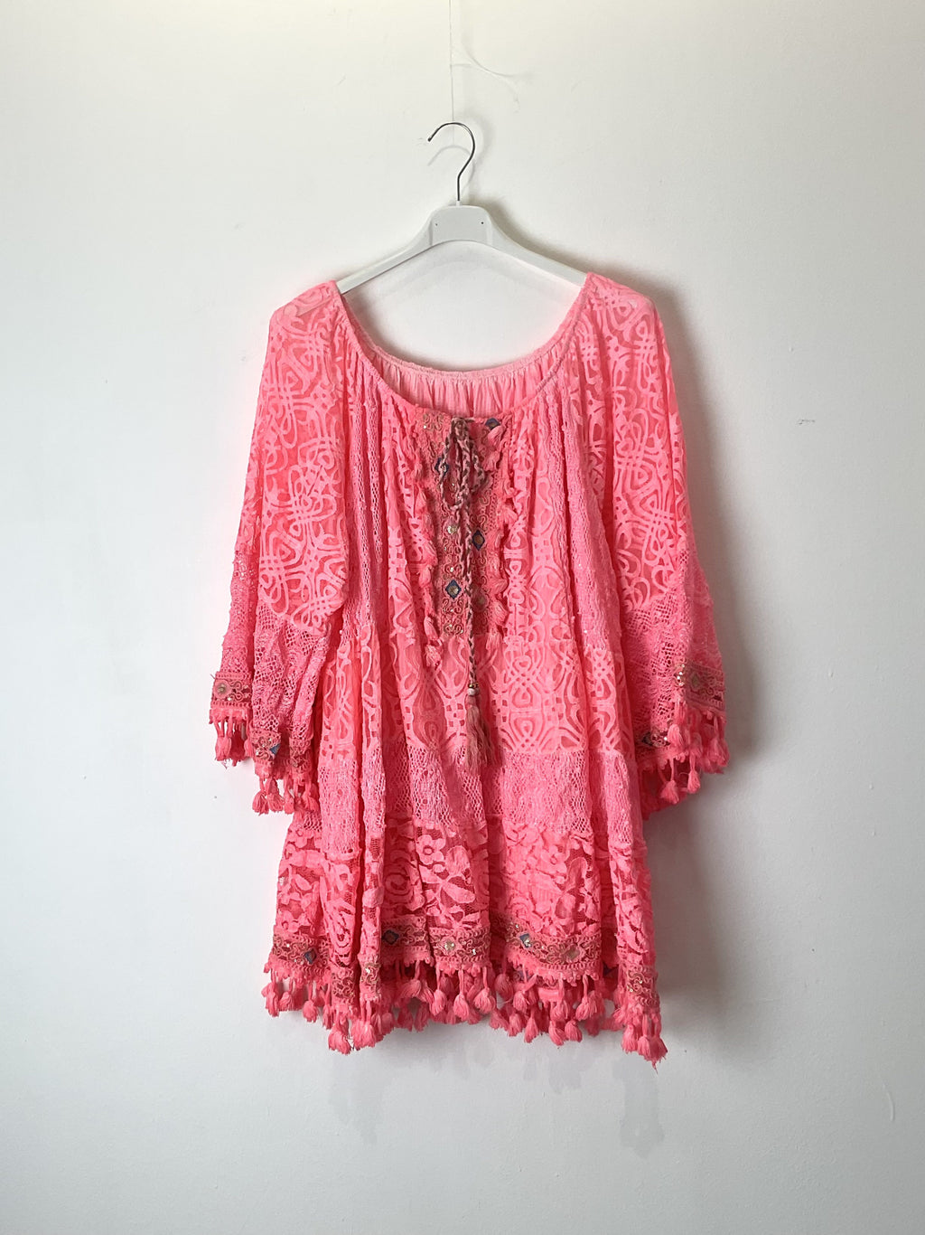 TDBFD Boho Short Dress Lace Tassels — Pink