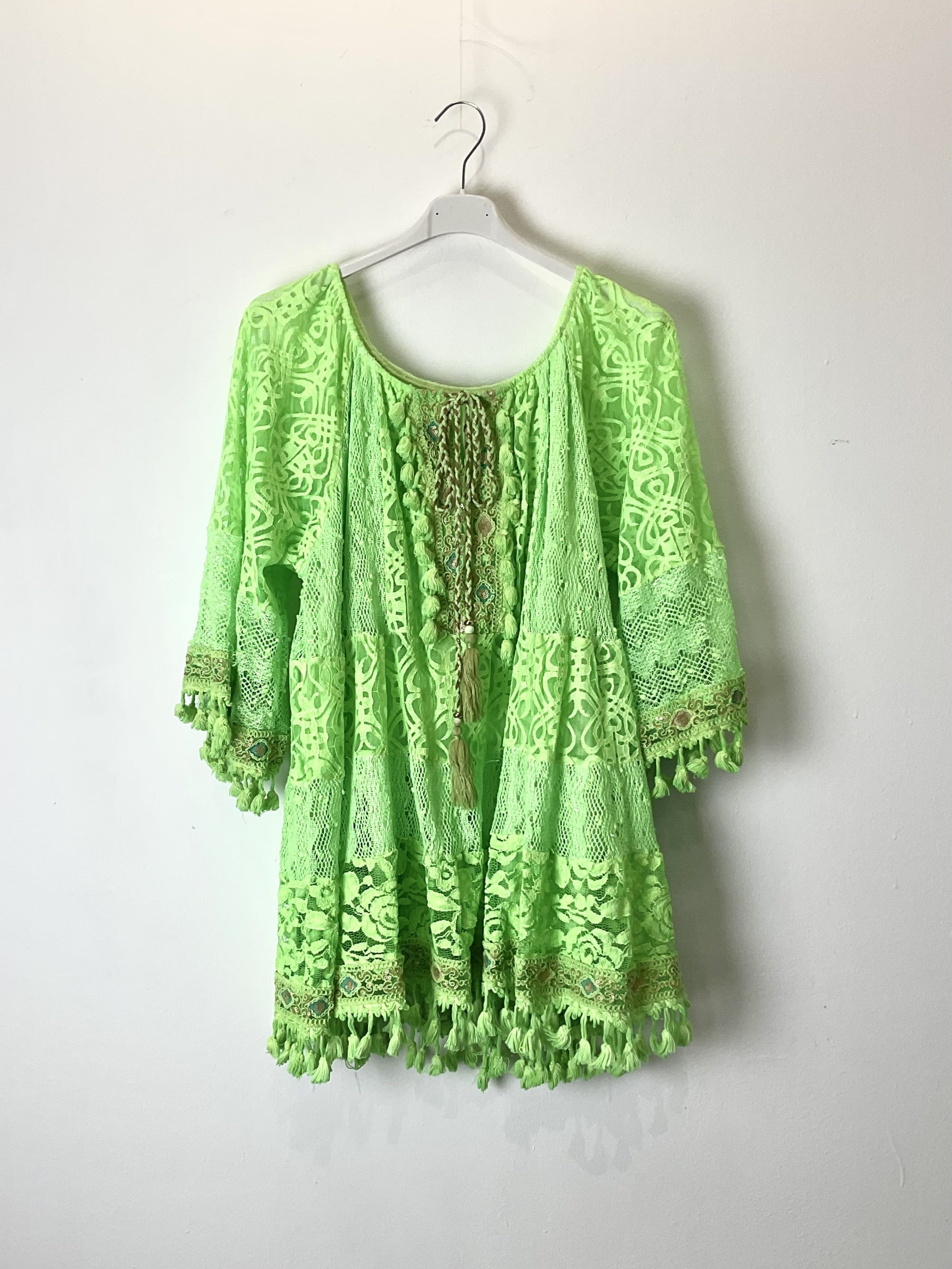TDBFD Boho Short Dress Lace Tassels — Green