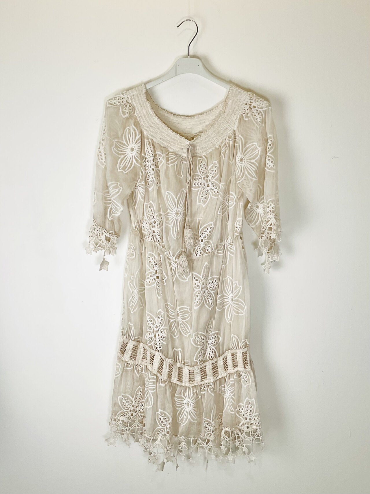 TDEGN Eyelet Gathered-Neck Dress — Beige