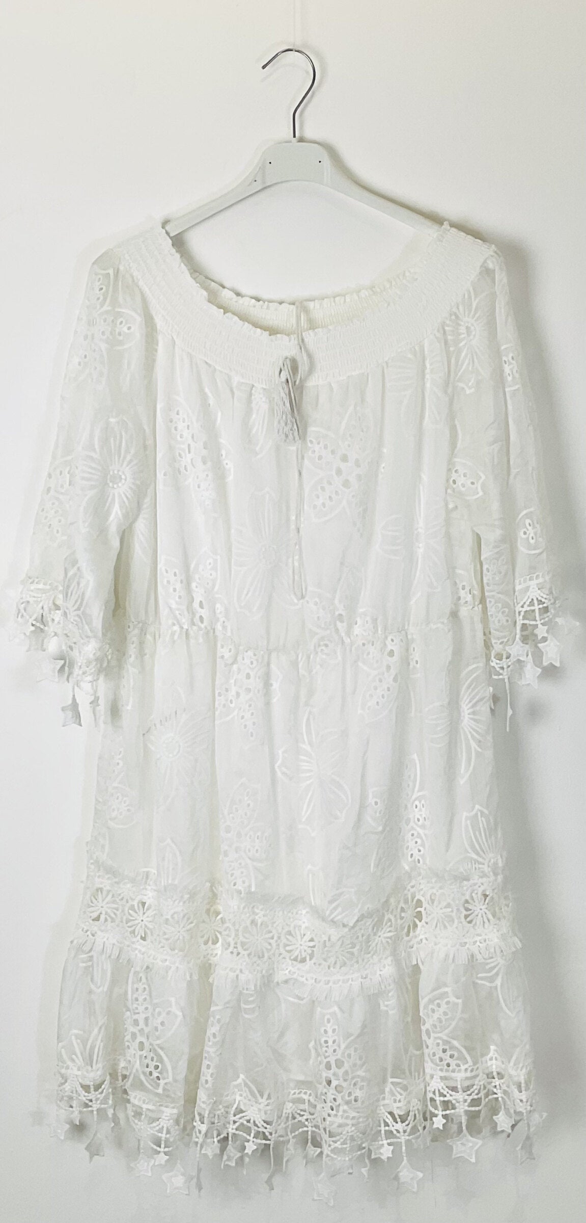 TDEGN Eyelet Gathered-Neck Dress — White