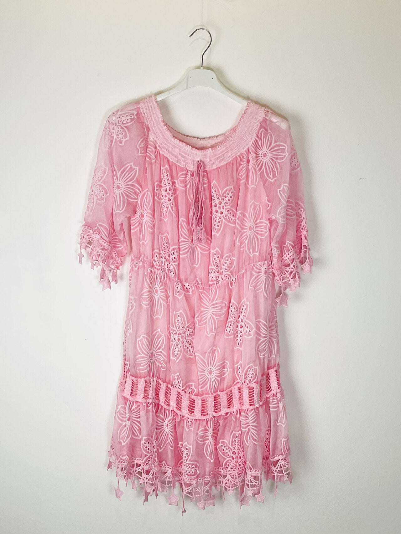 TDEGN Eyelet Gathered-Neck Dress — Blush
