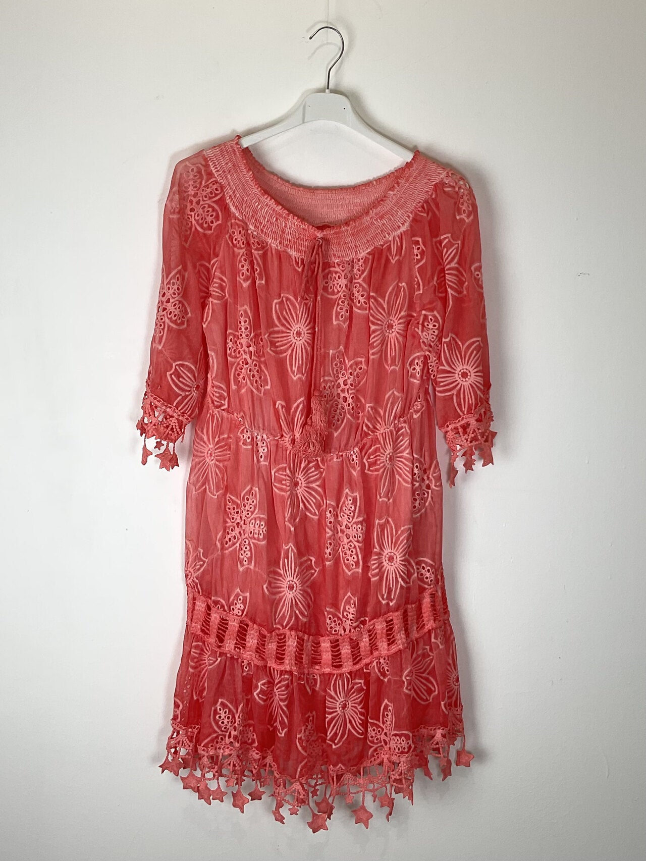 TDEGN Eyelet Gathered-Neck Dress — Coral