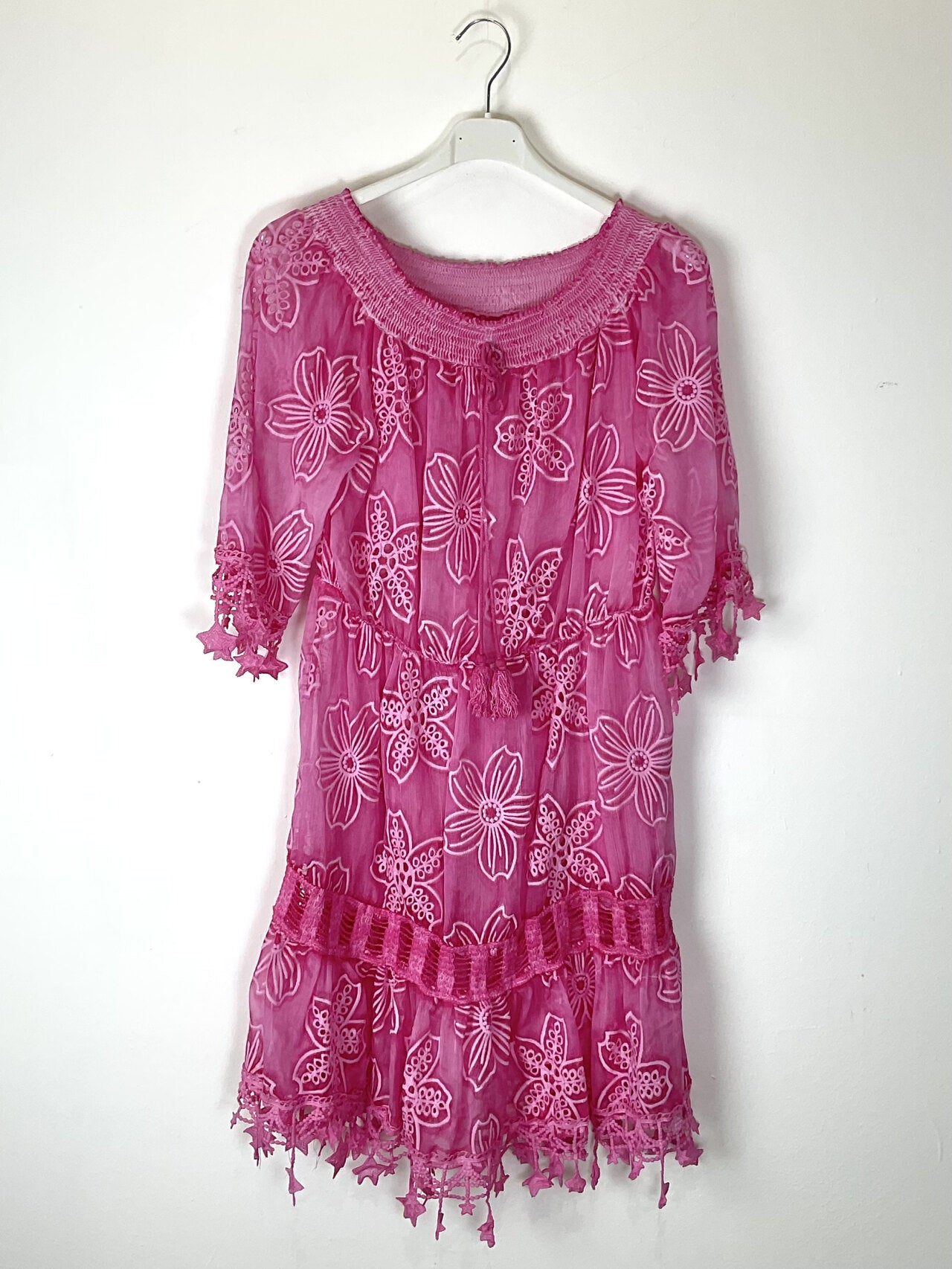 TDEGN Eyelet Gathered-Neck Dress — Fuchsia