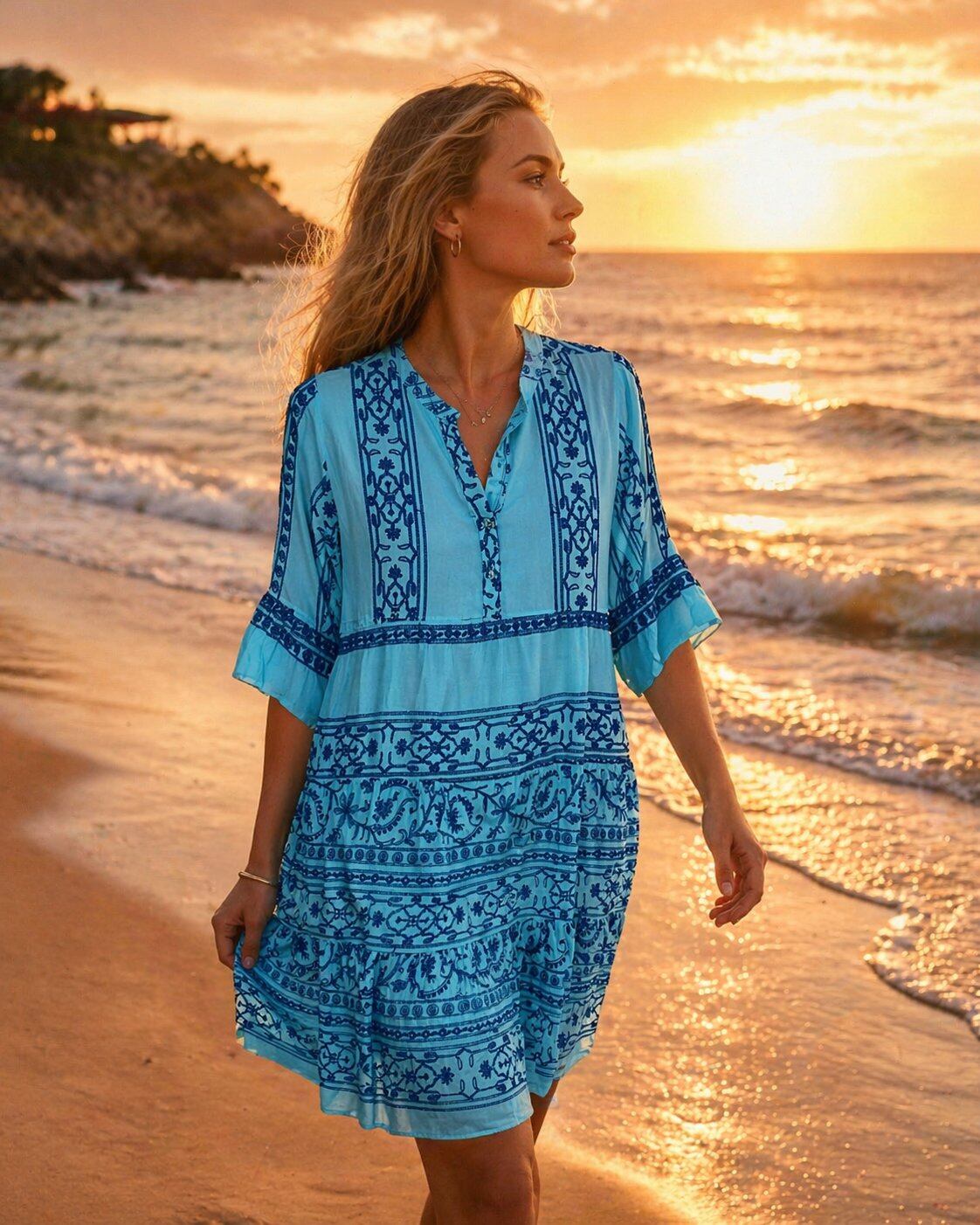 TDBEK Boho Embroidered Kaftan Dress — Blue