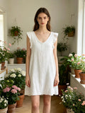 LSRMCWH Ruffled Gauze Cotton Mini Dress White