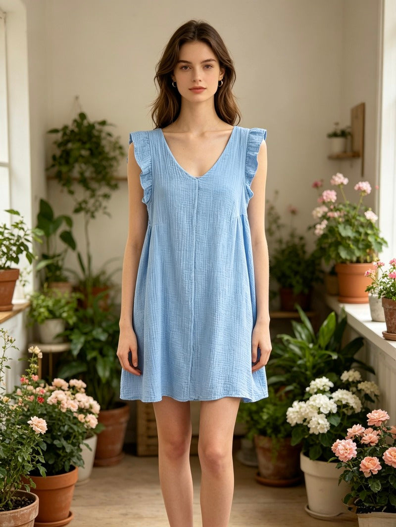 LSRMCSB Ruffled Gauze Cotton Mini Dress Sky Blue