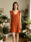 LSRMCBR Ruffled Gauze Cotton Mini Dress Brick