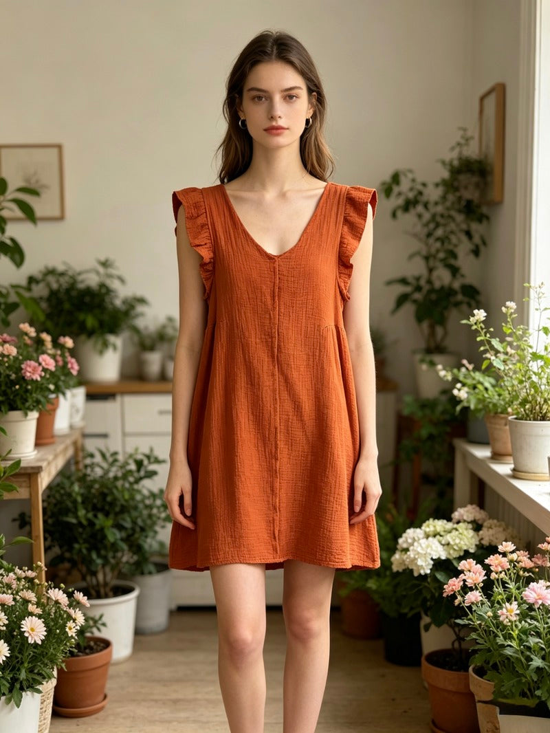 LSRMCBR Ruffled Gauze Cotton Mini Dress Brick