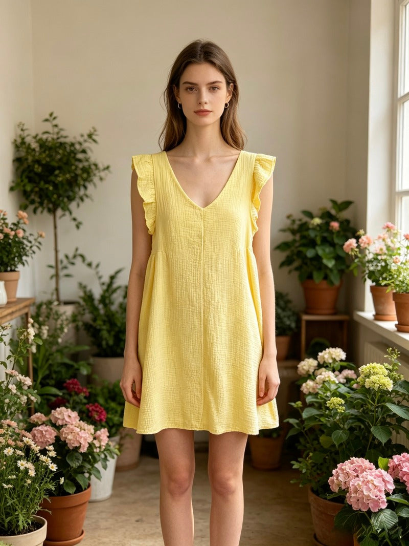 LSRMCYL Ruffled Gauze Cotton Mini Dress Yellow