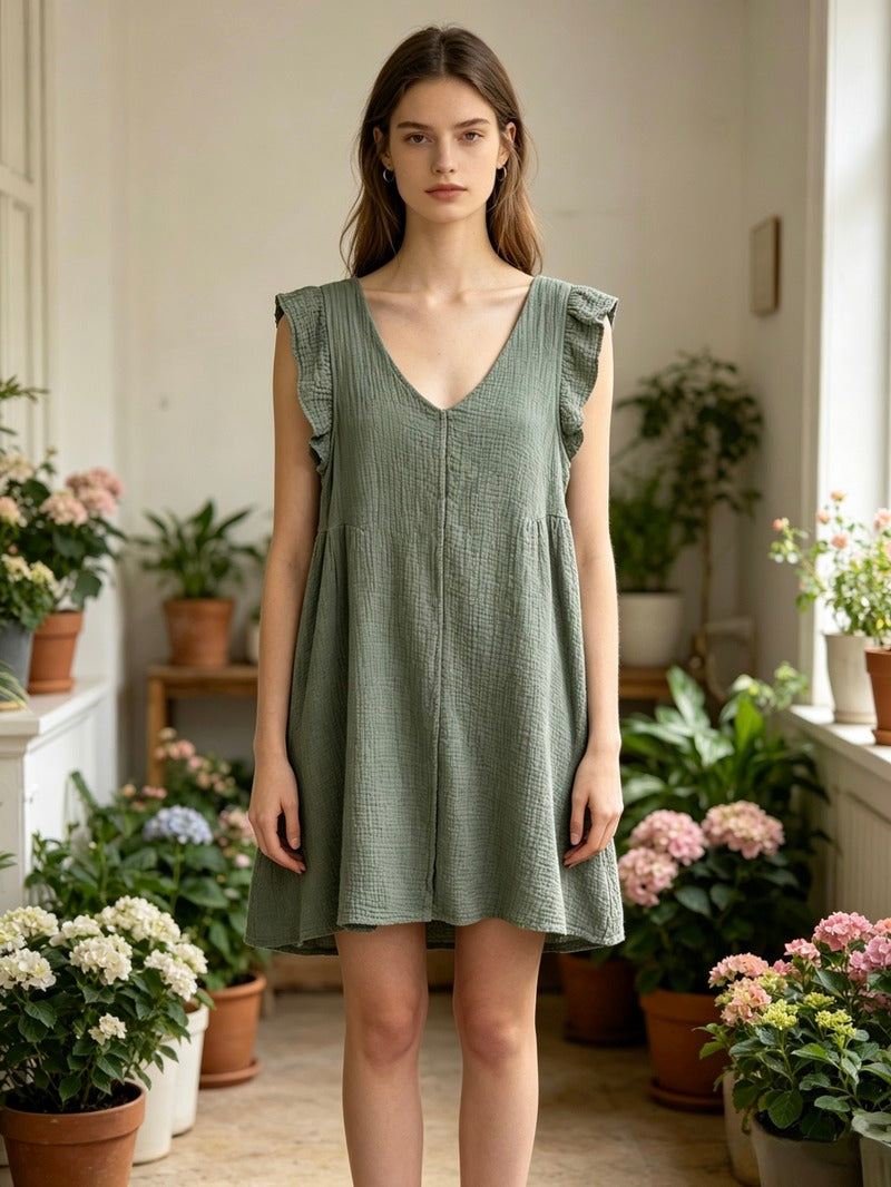 LSRMCKH Ruffled Gauze Cotton Mini Dress Khaki