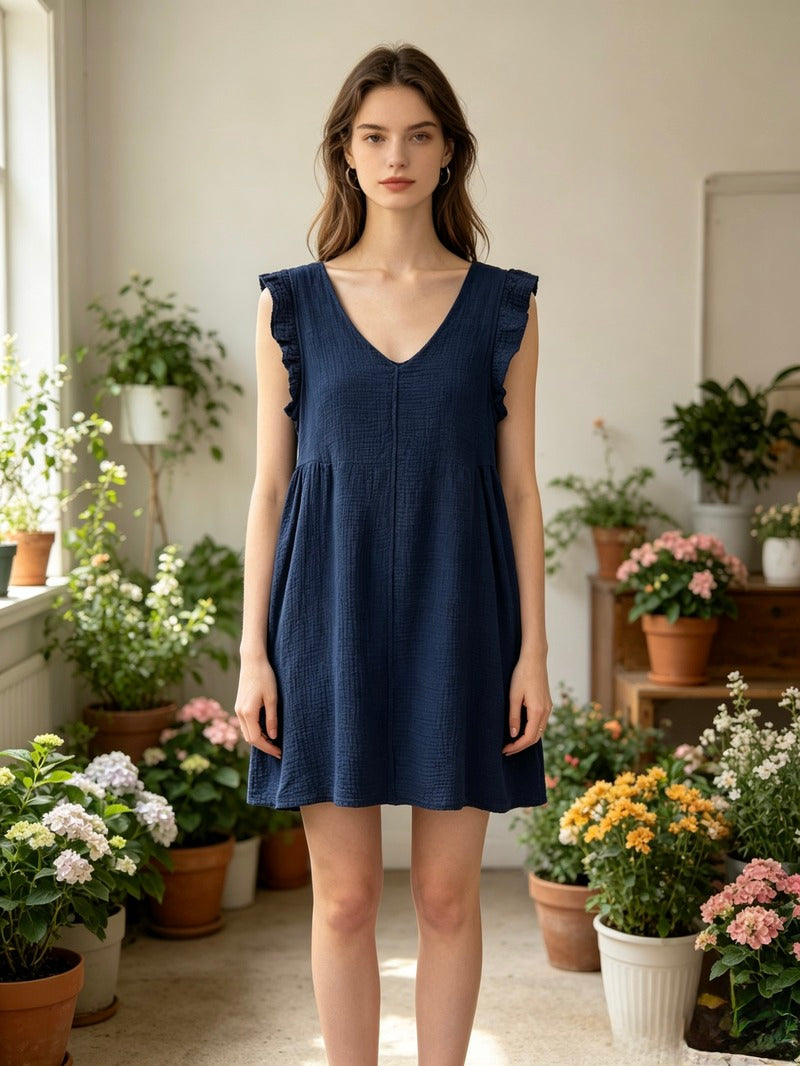 LSRMCNV Ruffled Gauze Cotton Mini Dress Navy