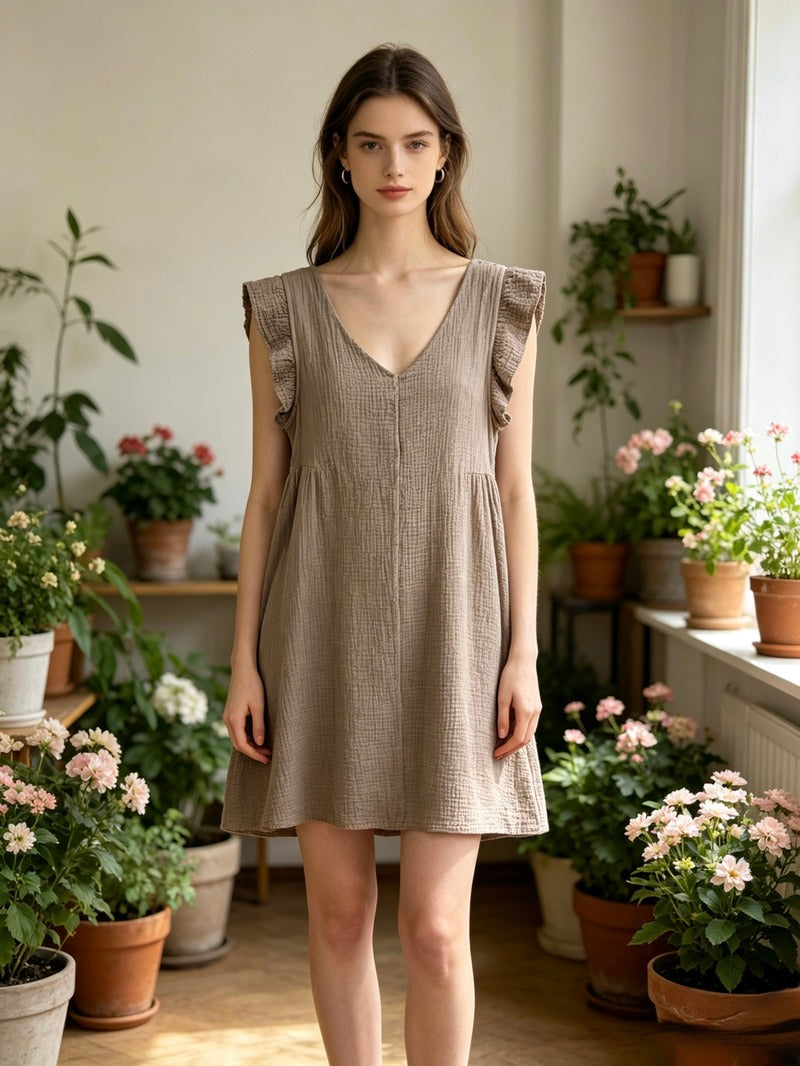 LSRMCTP Ruffled Gauze Cotton Mini Dress Taupe