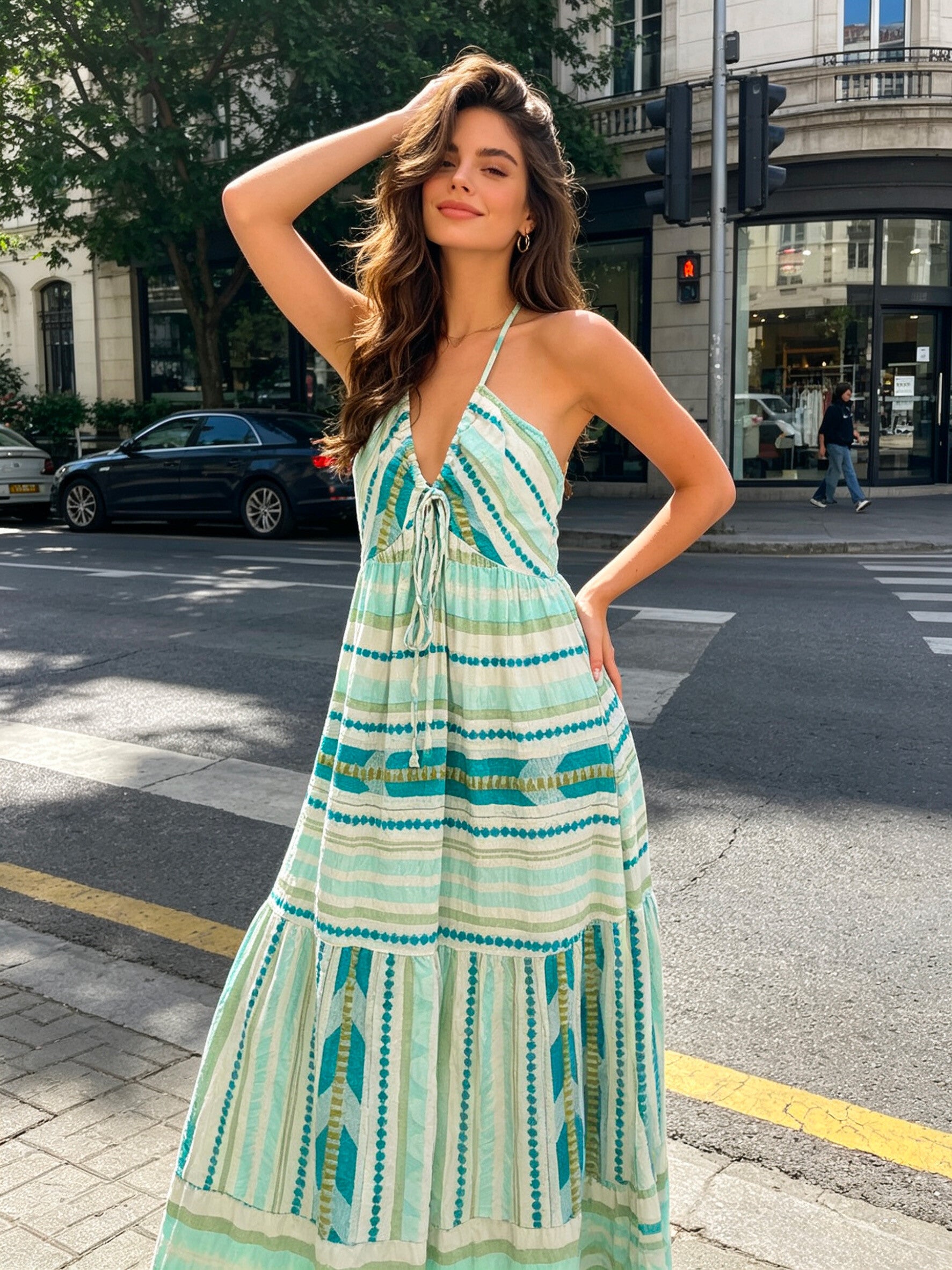 VLBLDWG Cotton Backless Summer Dress Water Green