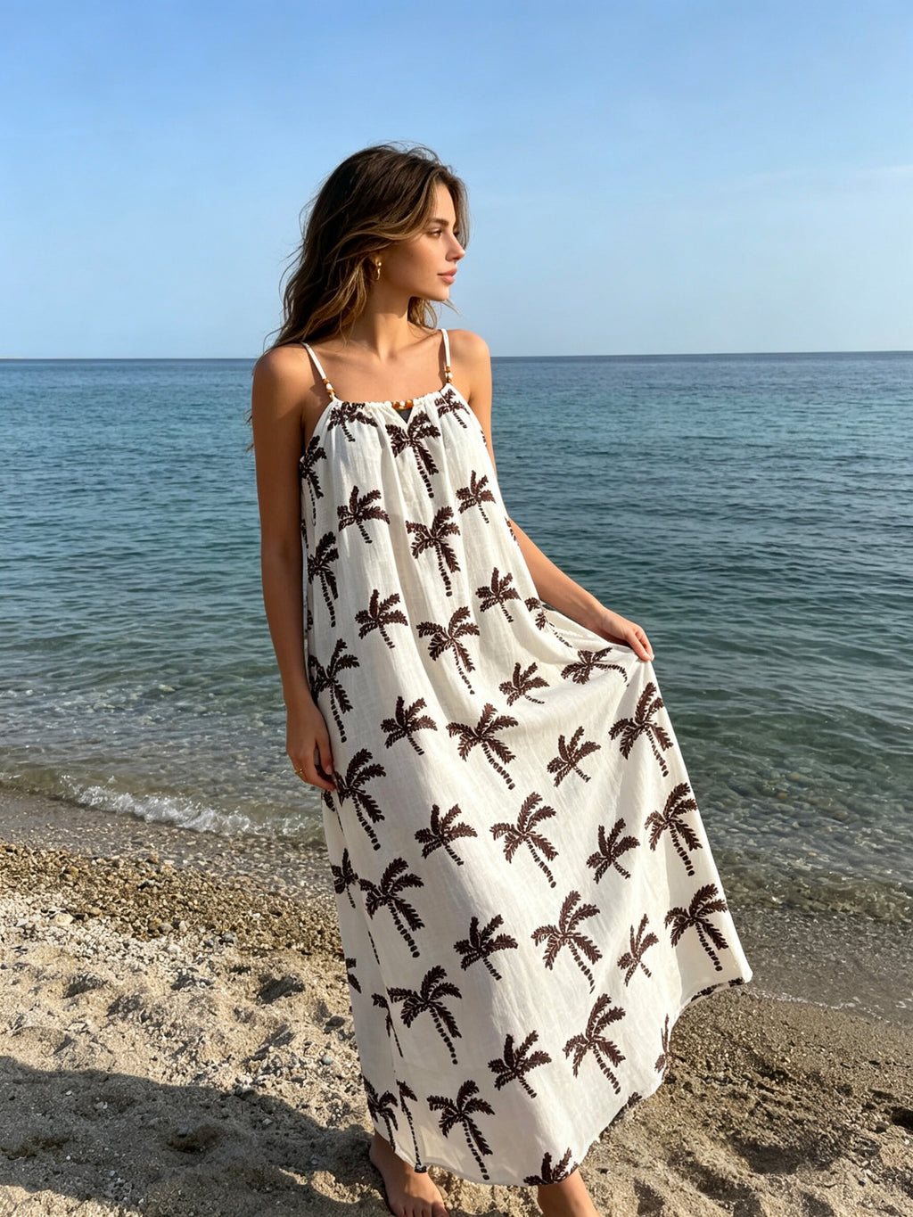 VLPPDDR Palm Print Summer Dress Dark Brown