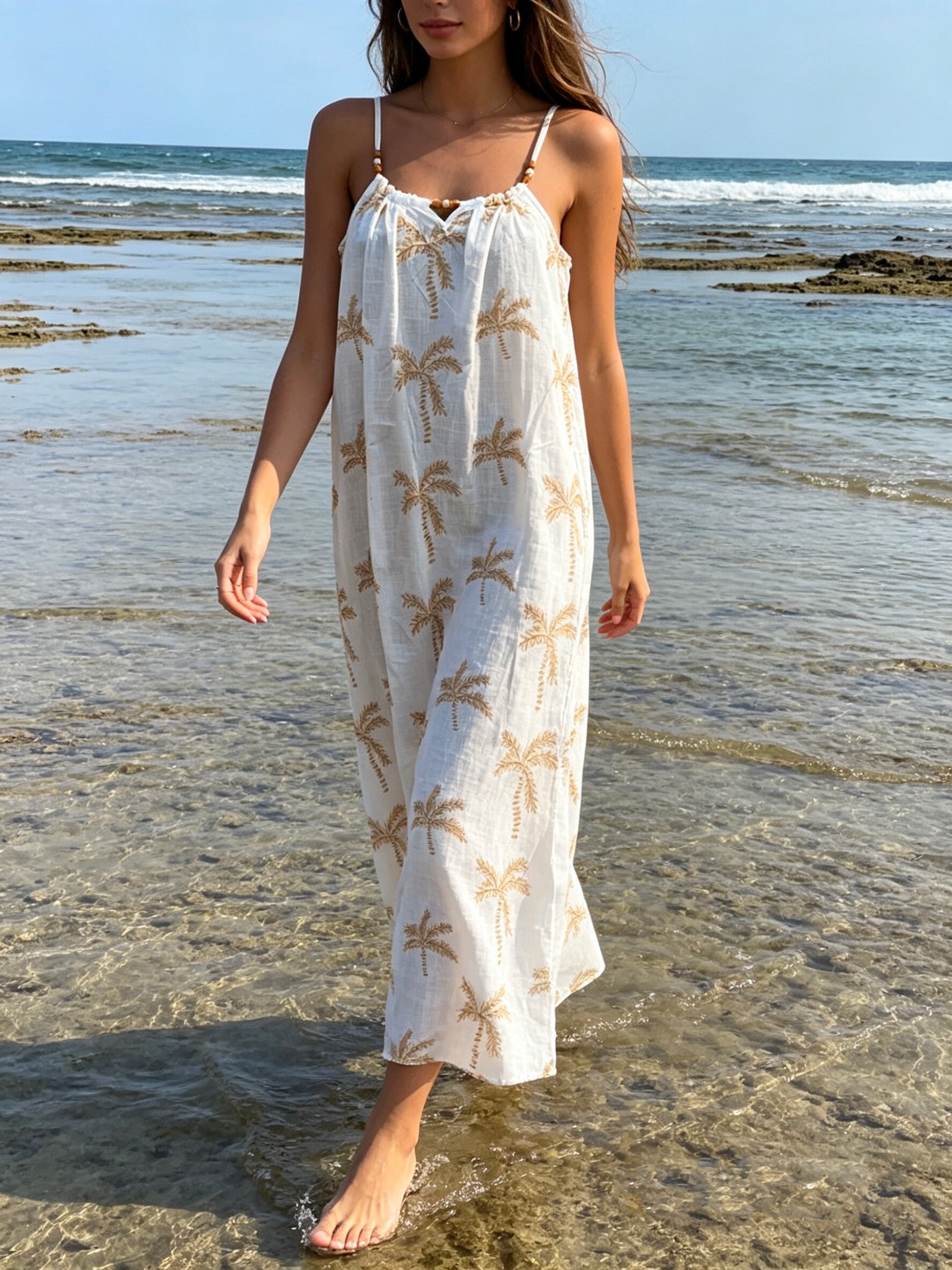 Palm Print Summer Dress in Vanilla