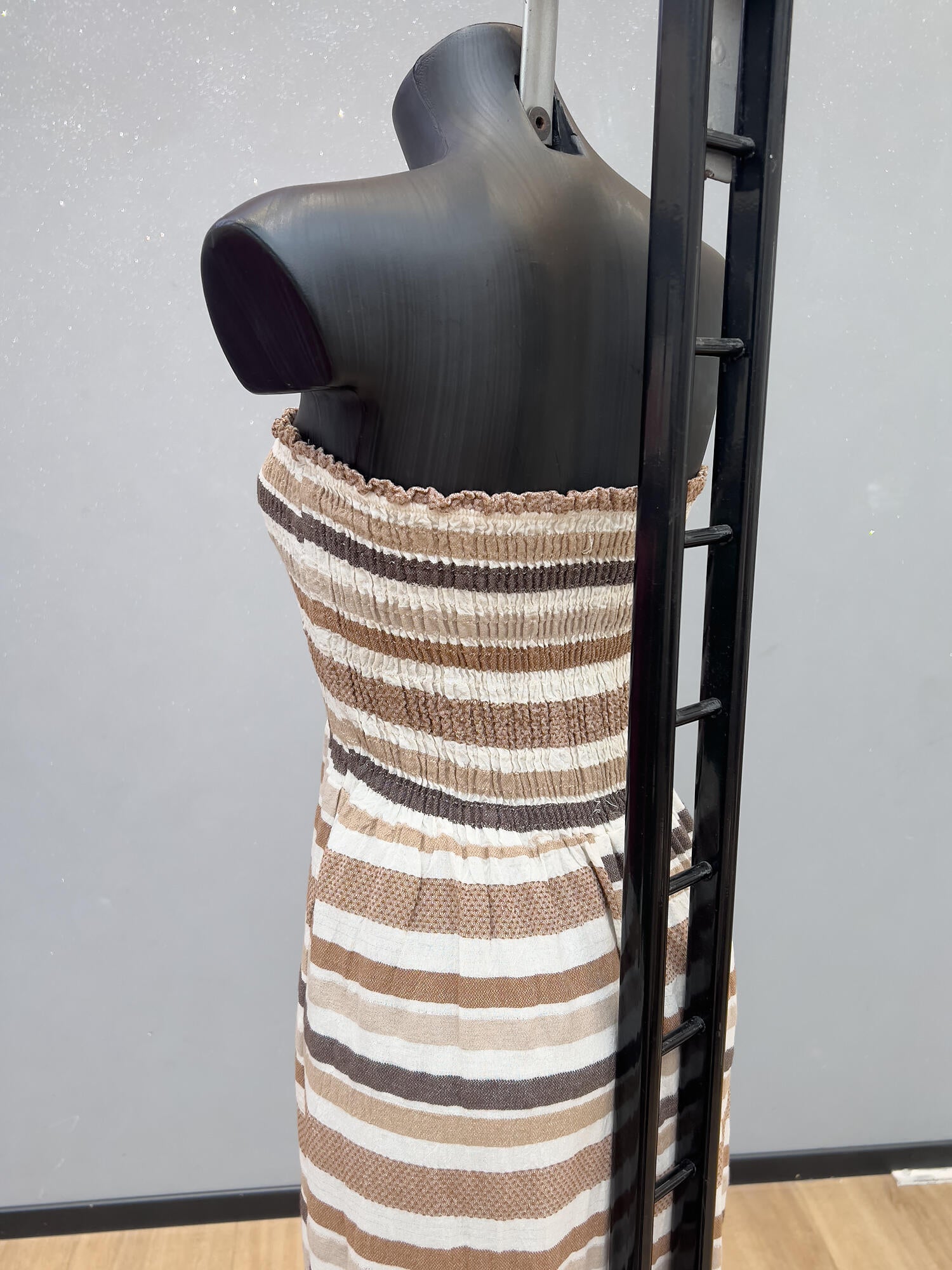VLECDBR Cotton Striped Strapless Maxi Dress Dark Brown