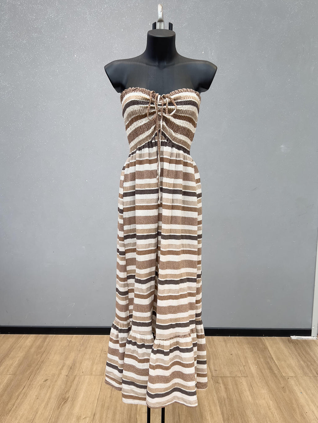 VLECDBR Cotton Striped Strapless Maxi Dress Dark Brown