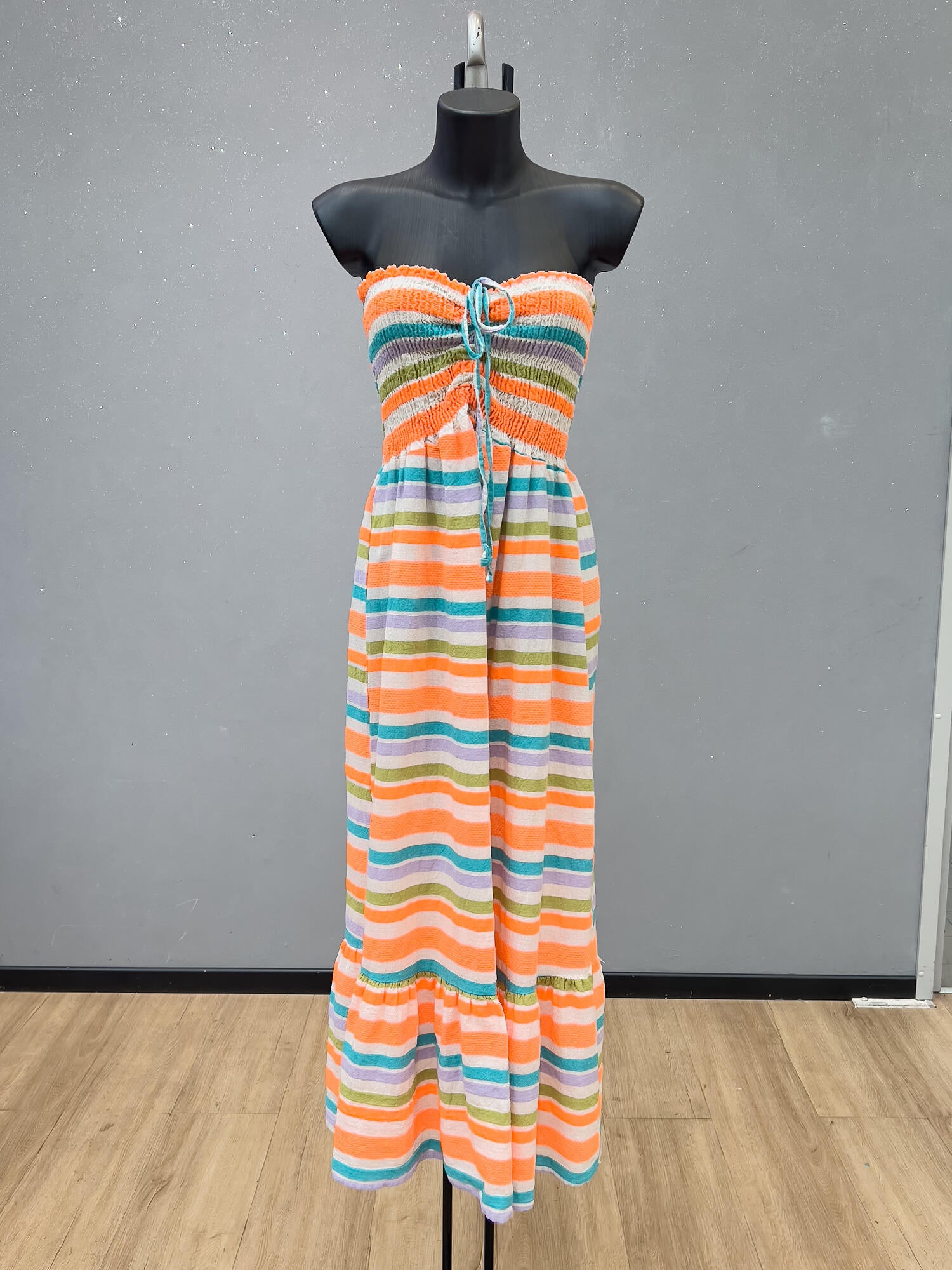VLECDCY Cotton Striped Strapless Maxi Dress Cyan