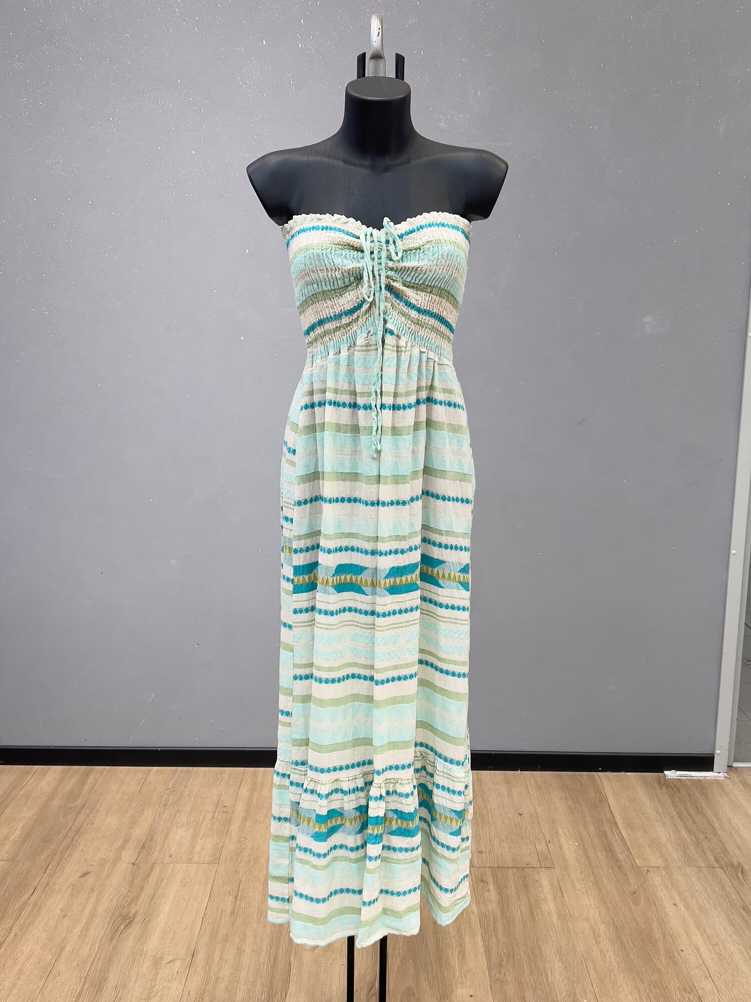 VLECDWG Cotton Striped Strapless Maxi Dress Water Green