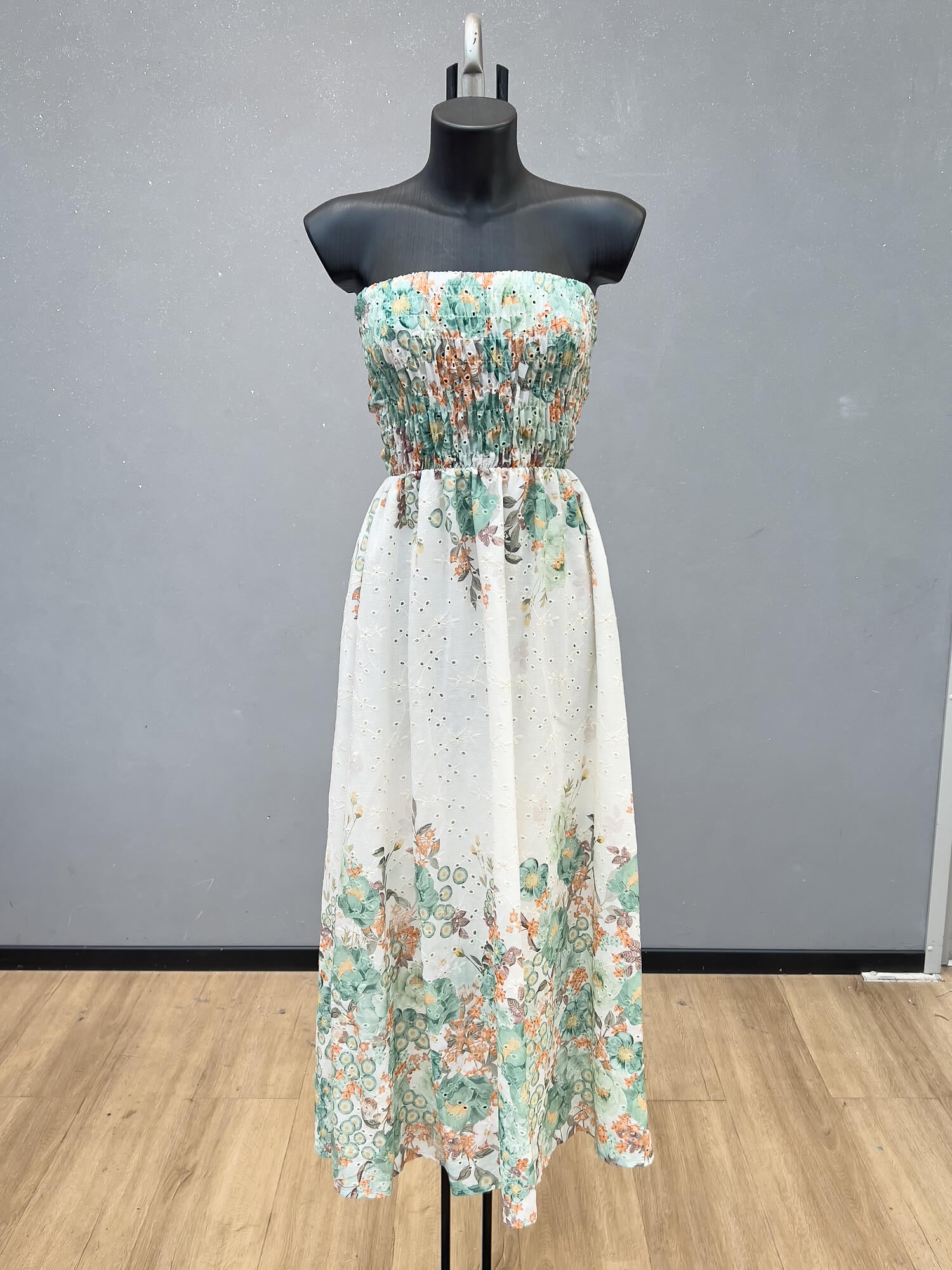 VLEFDWG Cotton Eyelet Floral Strapless Maxi Dress Water Green