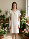 LSVNBBG V-Neck Buttoned Gauze Cotton Dress Beige