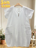LSVNBWH V-Neck Buttoned Gauze Cotton Dress White
