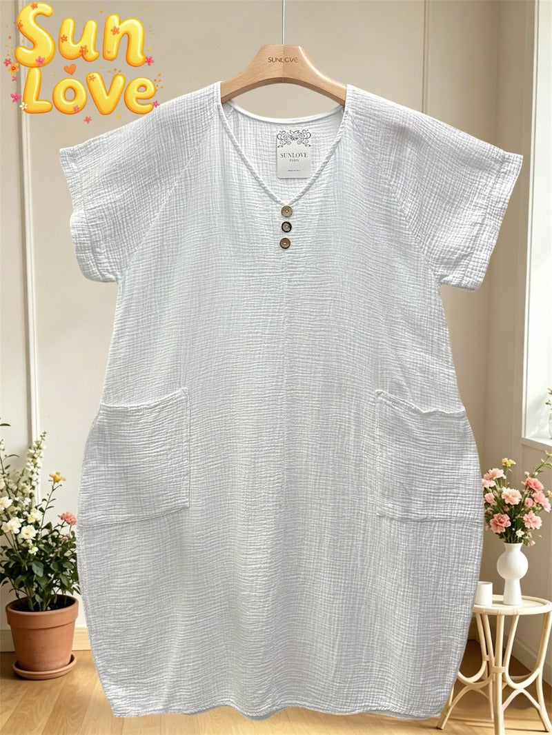 LSVNBWH V-Neck Buttoned Gauze Cotton Dress White