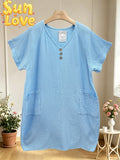 LSVNBSB V-Neck Buttoned Gauze Cotton Dress Sky Blue