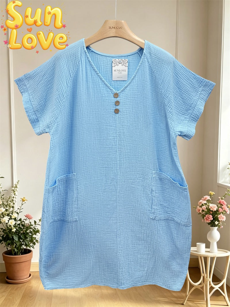 LSVNBSB V-Neck Buttoned Gauze Cotton Dress Sky Blue