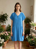 LSVNBCY V-Neck Buttoned Gauze Cotton Dress Cyan