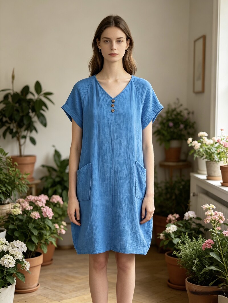 LSVNBCY V-Neck Buttoned Gauze Cotton Dress Cyan