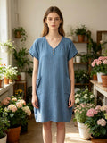 LSVNBDN V-Neck Buttoned Gauze Cotton Dress Denim