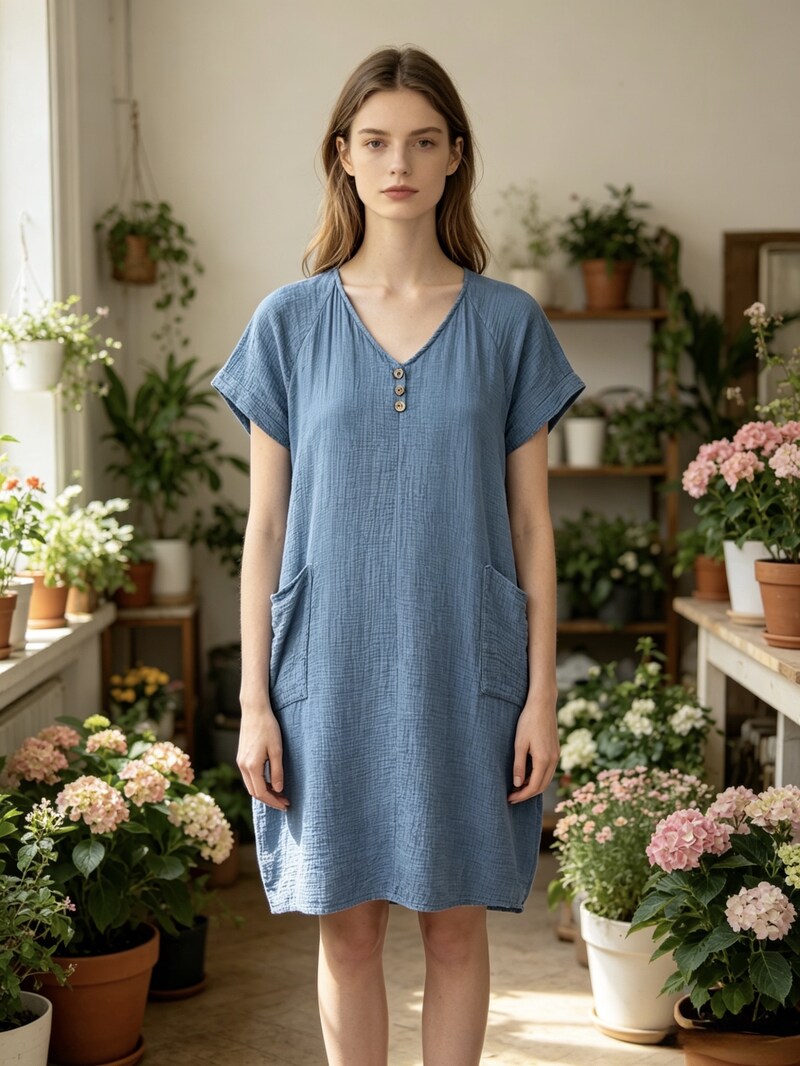 LSVNBDN V-Neck Buttoned Gauze Cotton Dress Denim