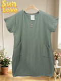 LSVNBKH V-Neck Buttoned Gauze Cotton Dress Khaki