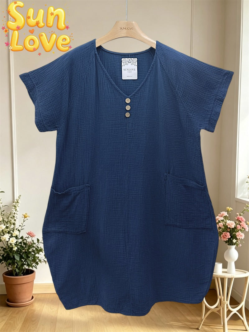 LSVNBNV V-Neck Buttoned Gauze Cotton Dress Navy