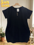 LSVNBBK V-Neck Buttoned Gauze Cotton Dress Black