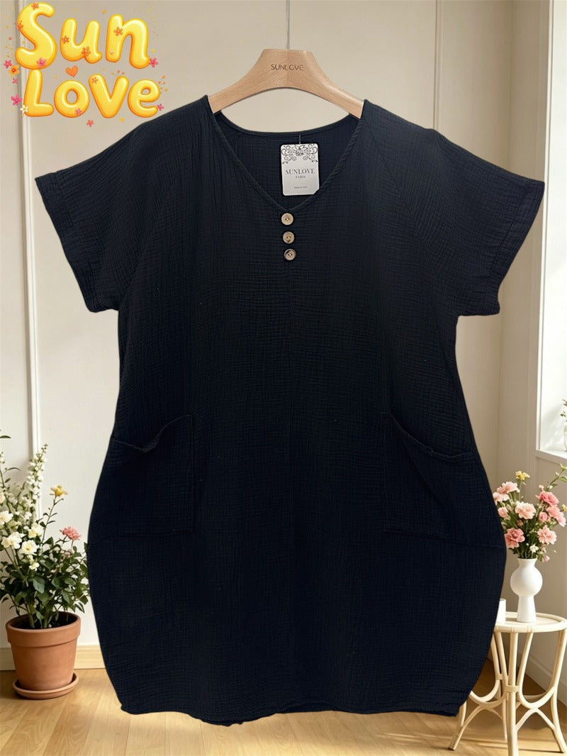 LSVNBBK V-Neck Buttoned Gauze Cotton Dress Black